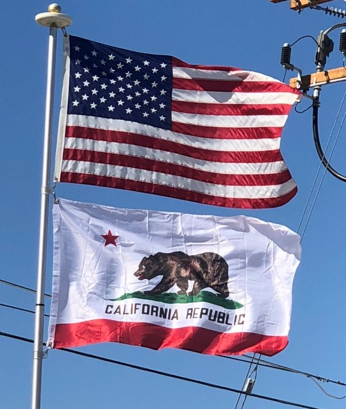 US and California Flag on Our Flagpole