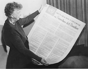Eleanor Roosevelt with Universal Declaration of HumanRights in Spanish